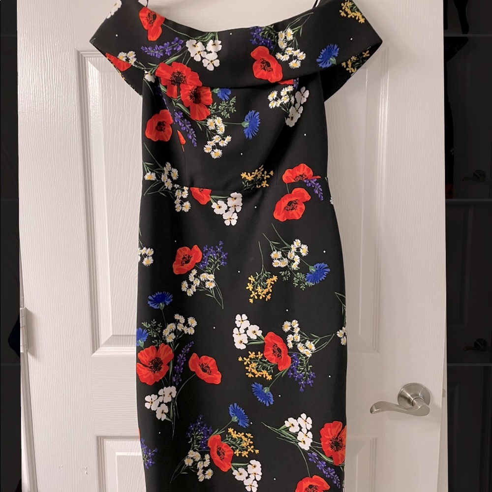 Calvin Klein, off the shoulder poppy dress